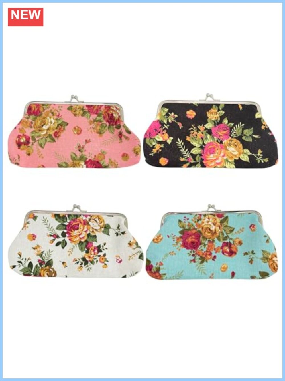 Canvas Coin Purse Floral Kiss Lock Long Wallet Change Pouch